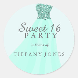 Mint Teal Sparkling Glitter Gown Sweet 16 Party Runt Klistermärke