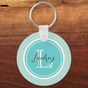 Mint Tiny Polka dots med Anpassningsbar Monogram Nyckelring