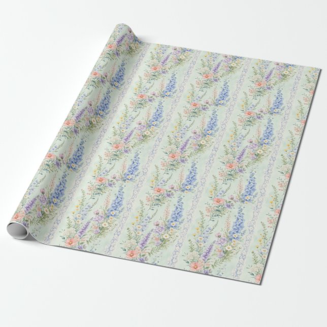 Mint Vilda Blomma Blommig Rand Vattenfärgsspresent Presentpapper (Utrullad)