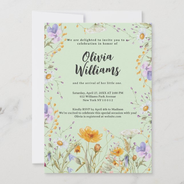 Mint vildblomma vår blomster Baby Shower  Inbjudningar (Framsida)