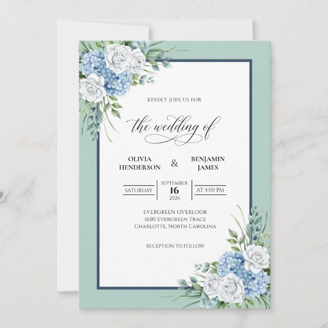 Mint Vinblå Hydrangea Grå Eukalyptus Bröllop Inbjudningar (Framsida)