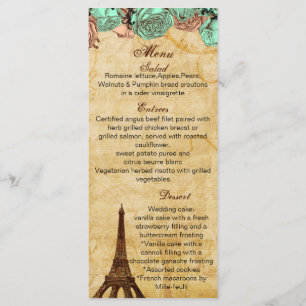 mint vintage eiffel torn Paris bröllop-menykort Meny