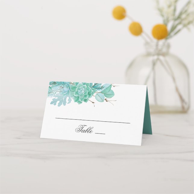 Mint vinter floral bröllop. Vattenfärg suckulenter Placeringskort (Framsida)