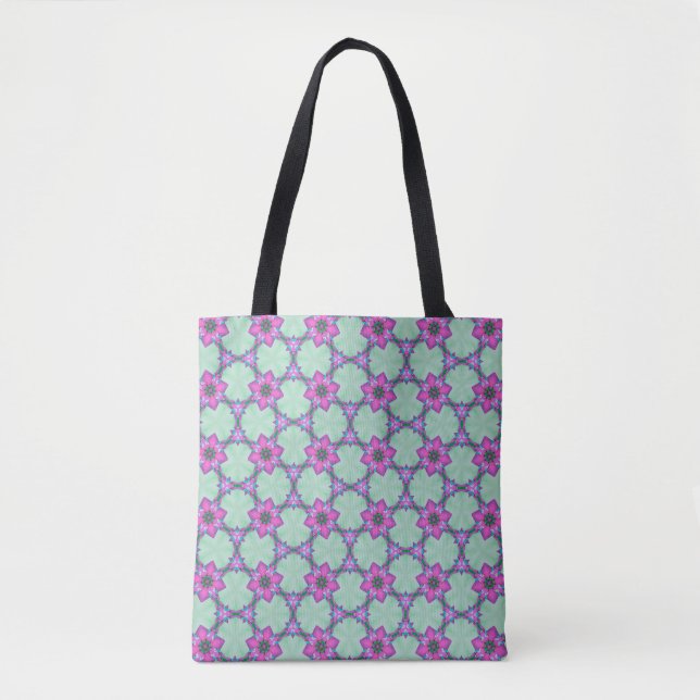 Mint & Violet Geometric Floral Pattern Tote Tygkasse (Framsida)