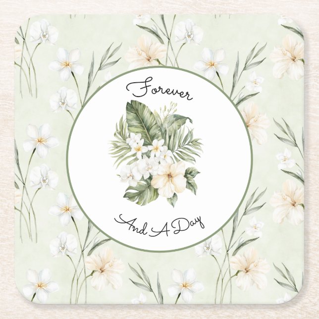 Mint Vit Kräm Hibiskus Orkidé Blommig Bröllop Underlägg Papper Kvadrat (Framsidan)