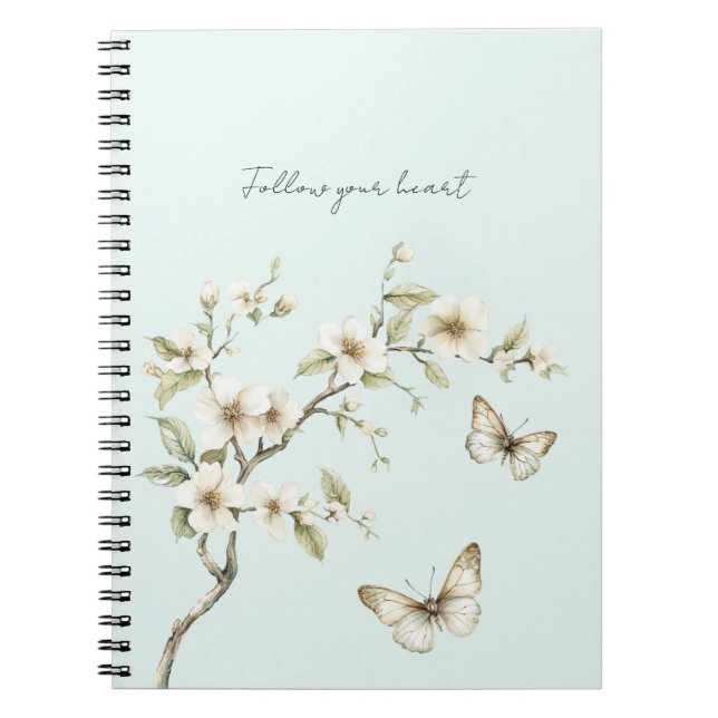 Mint Vita Blommor Fjärilar   Anteckningsbok (Framsidan)