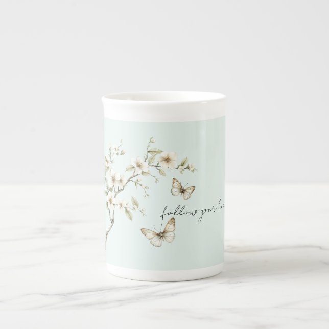 Mint Vita Blommor Fjärilar Bröllopsdusch Benporslin Mugg (Framsidan)