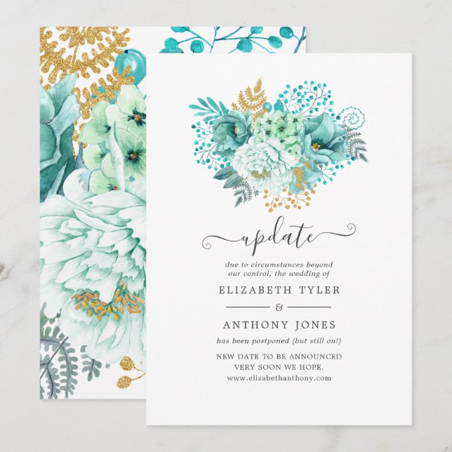Mint Watercolor Blommig Bröllopsuppdatering Inbjudningar (Fram/baksida)