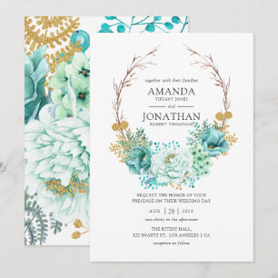 Mint Watercolor Blommigt Bröllop Inbjudningar