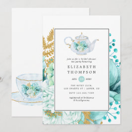Mint Watercolor Blommigt Möhippa Tea Party Inbjudningar