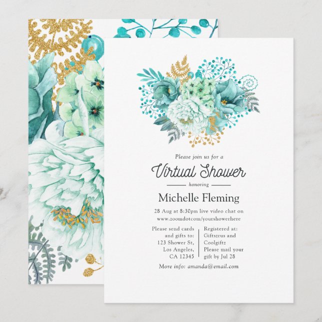 Mint Watercolor Blommigt Shower by Mail Inbjudningar (Fram/baksida)