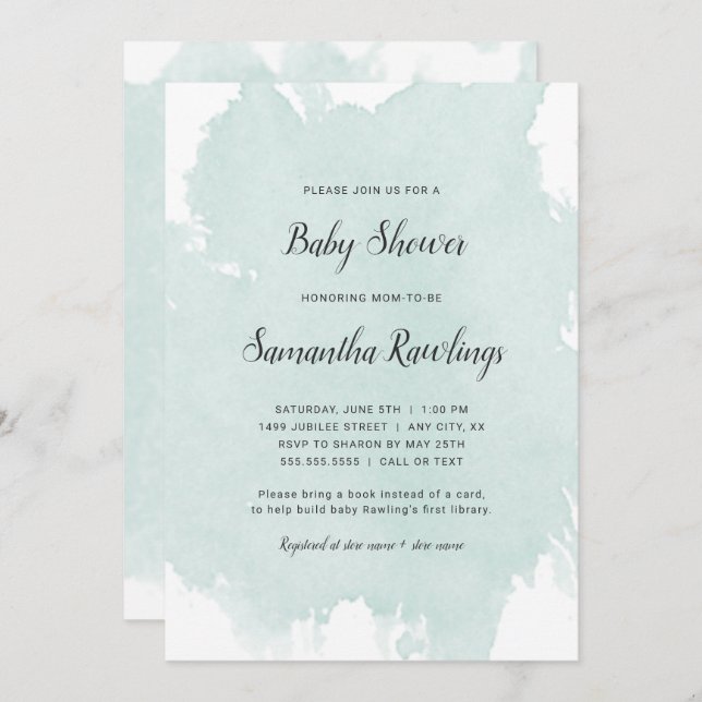 Mint Watercolor Stänk Baby Shower-inbjudan Inbjudningar (Fram/baksida)