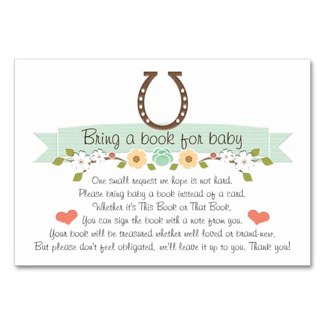 Mint Western Horseshoe Baby Bok-ansökningskort Bordsnummer (Framsidan)