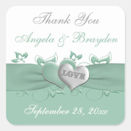Mint, White Blommigt Hearts Wedding Favor Sticker Fyrkantigt Klistermärke