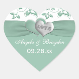 Mint, White Blommigt Hearts Wedding Favor Sticker Hjärtformat Klistermärke