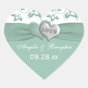 Mint, White Blommigt Hearts Wedding Favor Sticker Hjärtformat Klistermärke