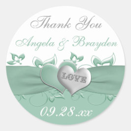 Mint, White Blommigt Hearts Wedding Favor Sticker Runt Klistermärke