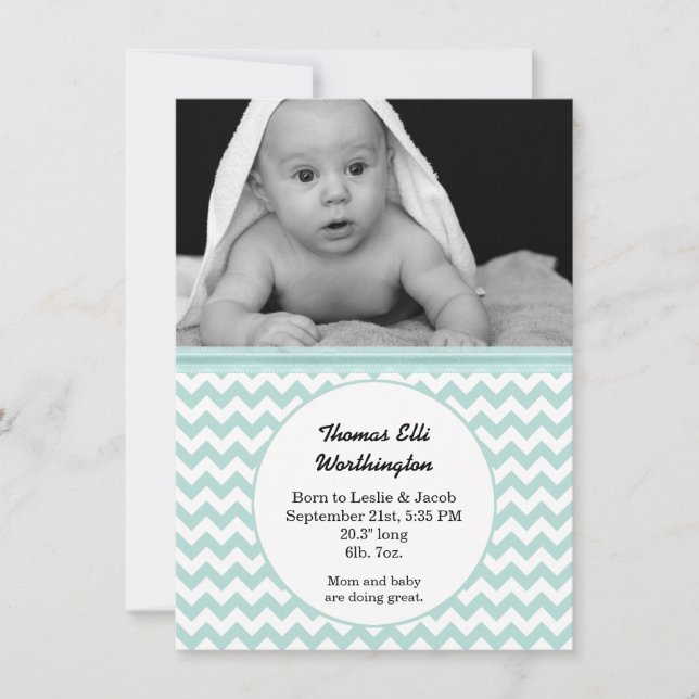 Mint & White Chevron Baby Birth Notice Meddelande (Framsida)