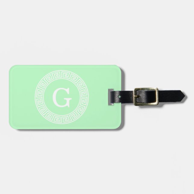 Mint White Grekiska Nyckel Rnd Ram Initial Monogra Bagagebricka (Horisontell Framsida)