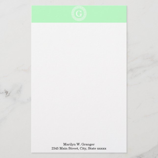Mint White Grekiska Nyckel Rnd Ram Initial Monogra Brevpapper (Framsida)