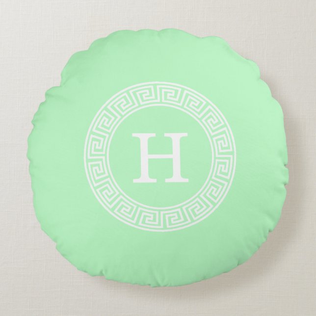 Mint White Grekiska Nyckel Rnd Ram Initial Monogra Rund Kudde (Framsidan)