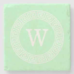 Mint White Grekiska Nyckel Rnd Ram Initial Monogra Underlägg Sten