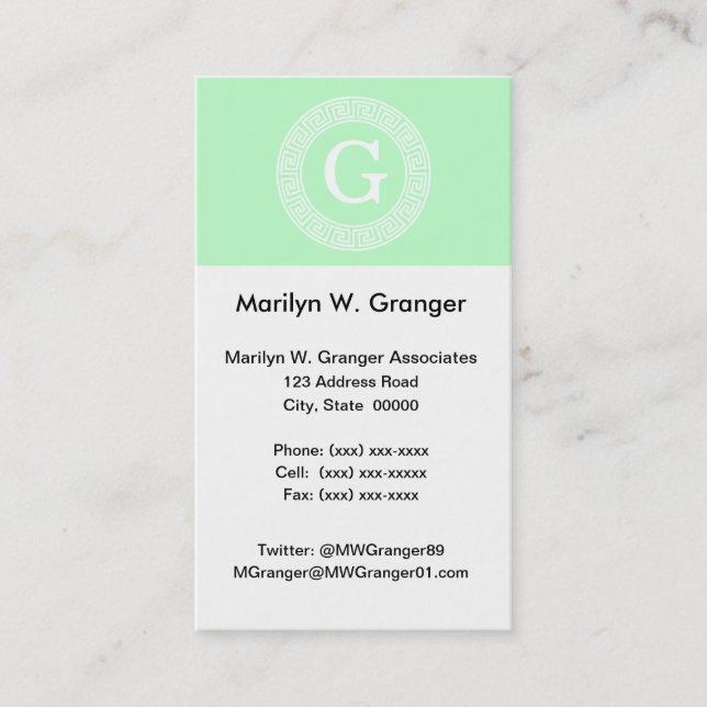 Mint White Grekiska Nyckel Rnd Ram Initial Monogra Visitkort (Framsida)