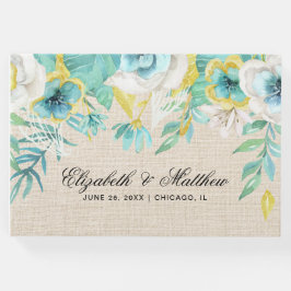 Mint White Gult Blommigt Burlap Struktur Bröllop Gästböcker