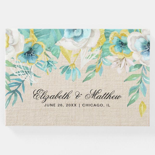Mint White Gult Blommigt Burlap Struktur Bröllop Gästböcker (Framsida)