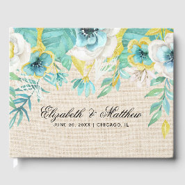 Mint White Gult Blommigt Burlap Struktur Bröllop Gästböcker
