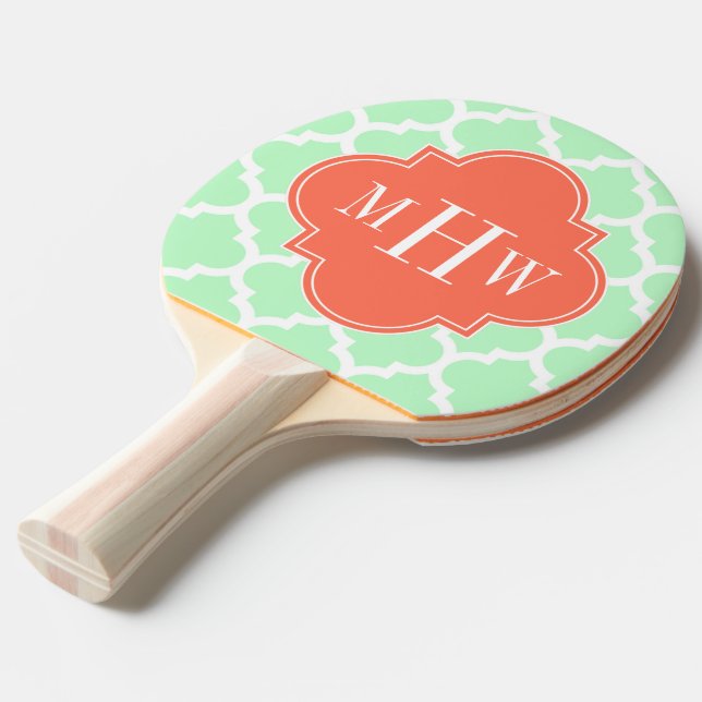 Mint White Moroccan #5 Coral 3 Initial Monogram Pingisracket (Frontvinkel)