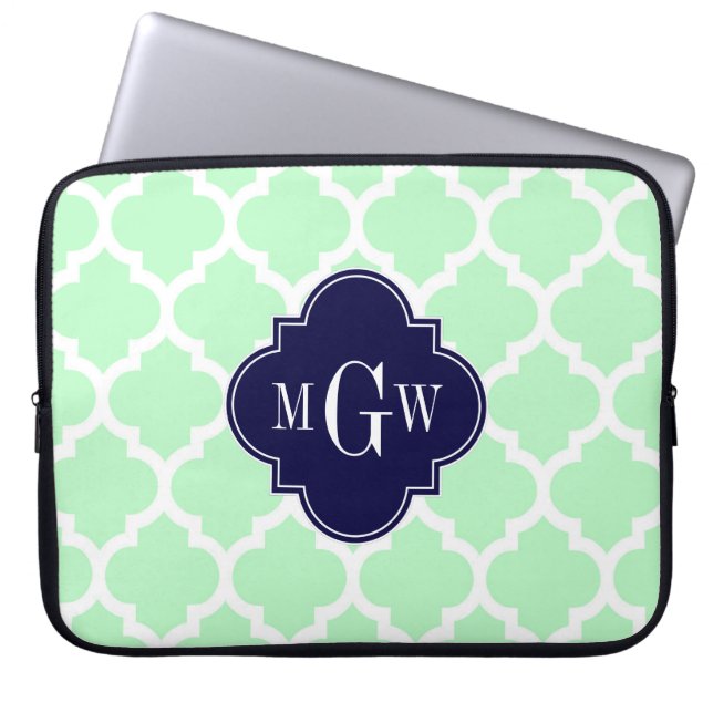 Mint, White Moroccan #5 Navy 3 Initial Monogram Laptop Sleeve (Framsidan)