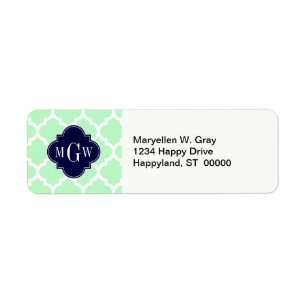 Mint, White Moroccan #5 Navy 3 Initial Monogram Returadress Etikett