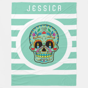 Mint & White Rand med Blommigt Sugar Skull Fleecefilt