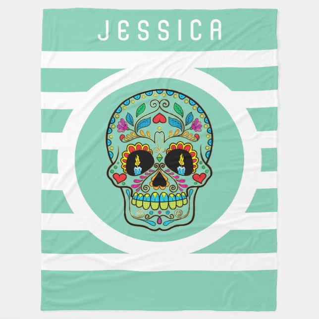 Mint & White Rand med Blommigt Sugar Skull Fleecefilt (Framsidan)