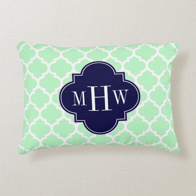 Mint Wht Moroccan #5 Navy Blue 3 Initial Monogram Prydnadskudde (Framsidan)