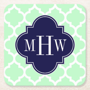 Mint Wht Moroccan #5 Navy Blue 3 Initial Monogram Underlägg Papper Kvadrat