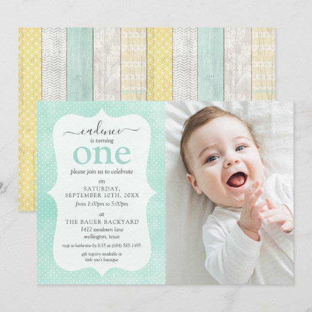 Mint & Yellow Stuga Rustik Trä Geometrisk Foto Inbjudningar (Fram/baksida)