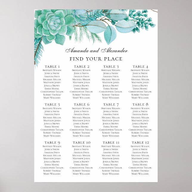 Mintbröllop. Sittplan med vattenfärgssucculenter Poster (Framsidan)