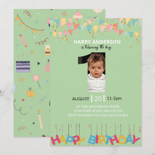 Mintgrön 1-års födelsedagsfoto, Stor en pojke inbj Inbjudningar
