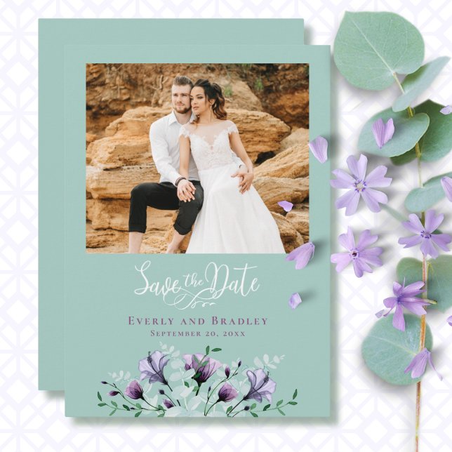 Mintgrön akvarell lila blomsterlig Save the Date Inbjudningar (Skapare uppladdad)