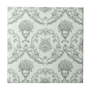 Mintgrön Barock Kerub och Blommig Urn Toile (2) Kakelplatta