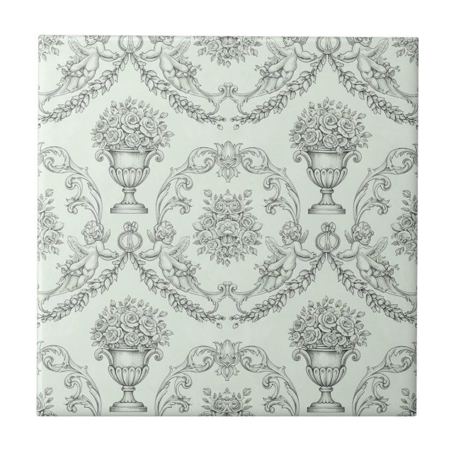 Mintgrön Barock Kerub och Blommig Urn Toile (2) Kakelplatta (Framsidan)
