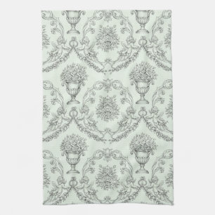 Mintgrön barock kerub och blomurn Toile (2) Kökshandduk