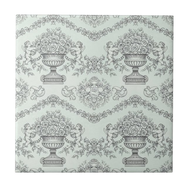 Mintgrön barock kerub och blomurn Toile Kakelplatta (Framsidan)