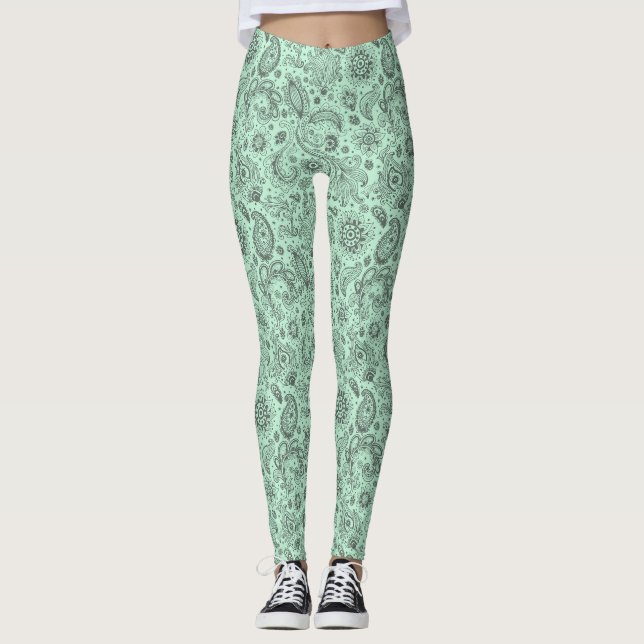 Mintgrön batik boho stil blommig paisleymönster leggings (Framsida)