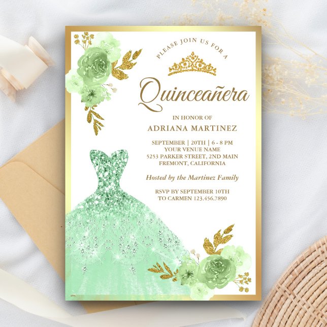 Mintgrön blommig gnistrande klänning Guld Quincean Inbjudningar (Skapare uppladdad)
