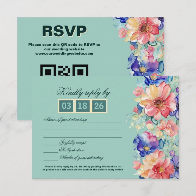 Mintgrön Blommig Modern Bröllopsinbjudan OSA Kort (Fram/baksida)