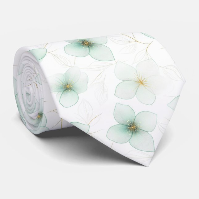 Mintgrön blommönster på vit bakgrund slips (Rullad)