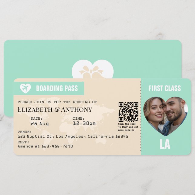 Mintgrön & Champagne Boarding Pass Bröllopsinbjuda Inbjudningar (Fram/baksida)